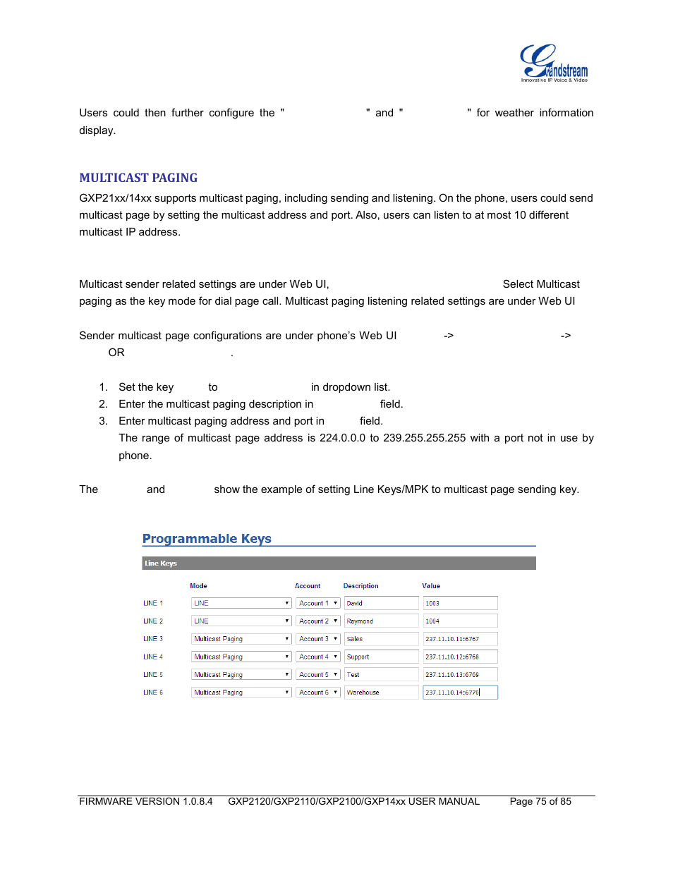 Multicast paging | Grandstream GXP21xx Series User Manual User Manual | Page 77 / 87