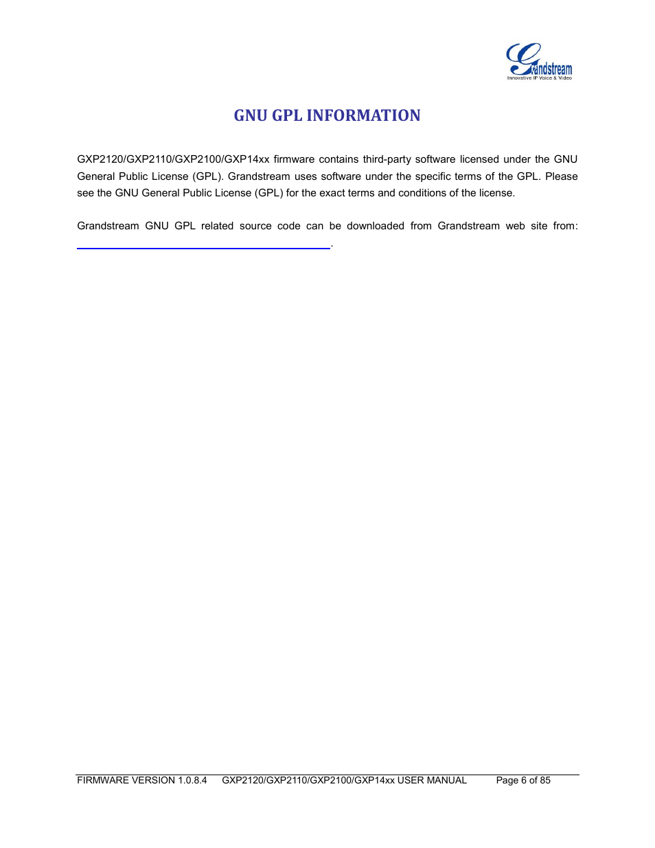 Gnu gpl information | Grandstream GXP21xx Series User Manual User Manual | Page 8 / 87
