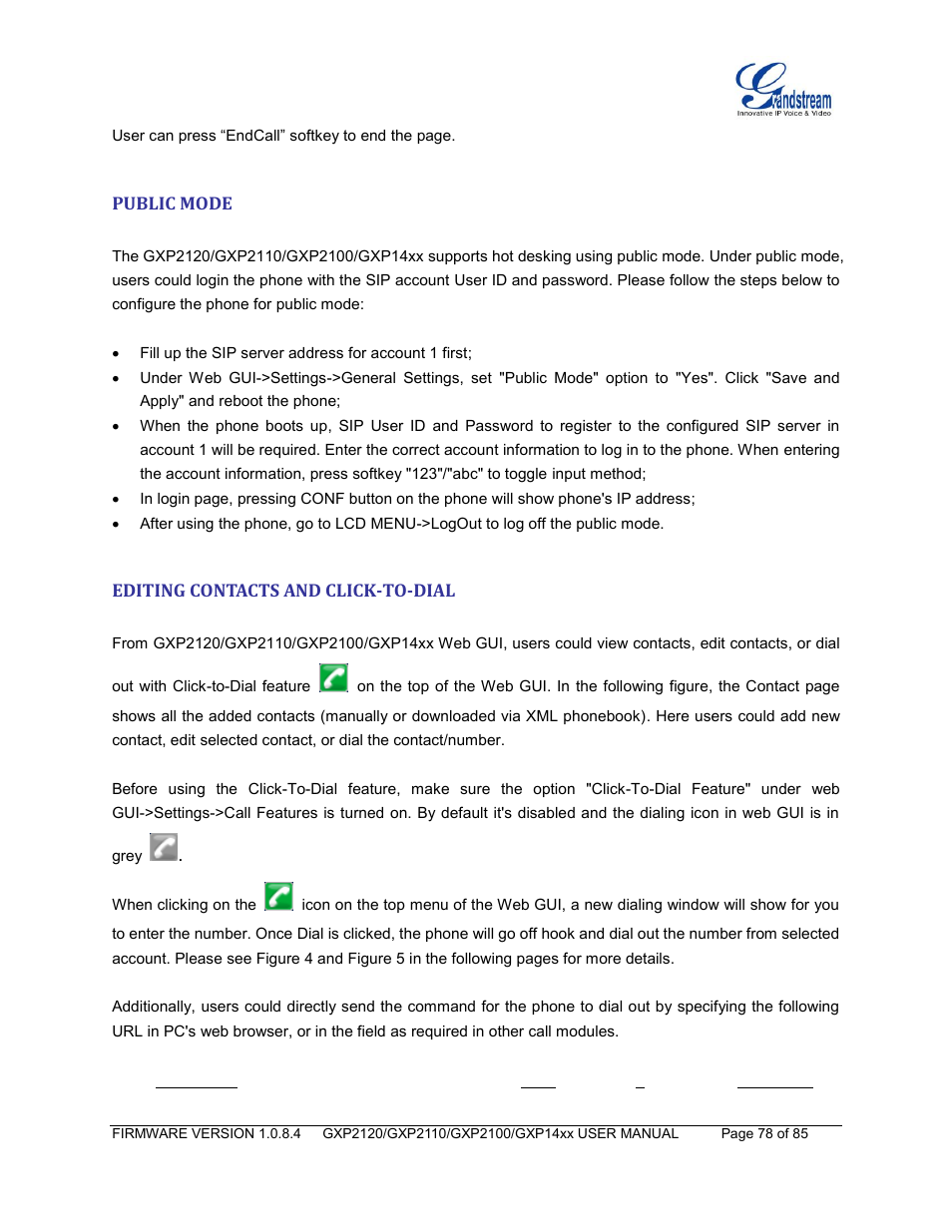 Public mode, Editing contacts and click-to-dial | Grandstream GXP21xx Series User Manual User Manual | Page 80 / 87