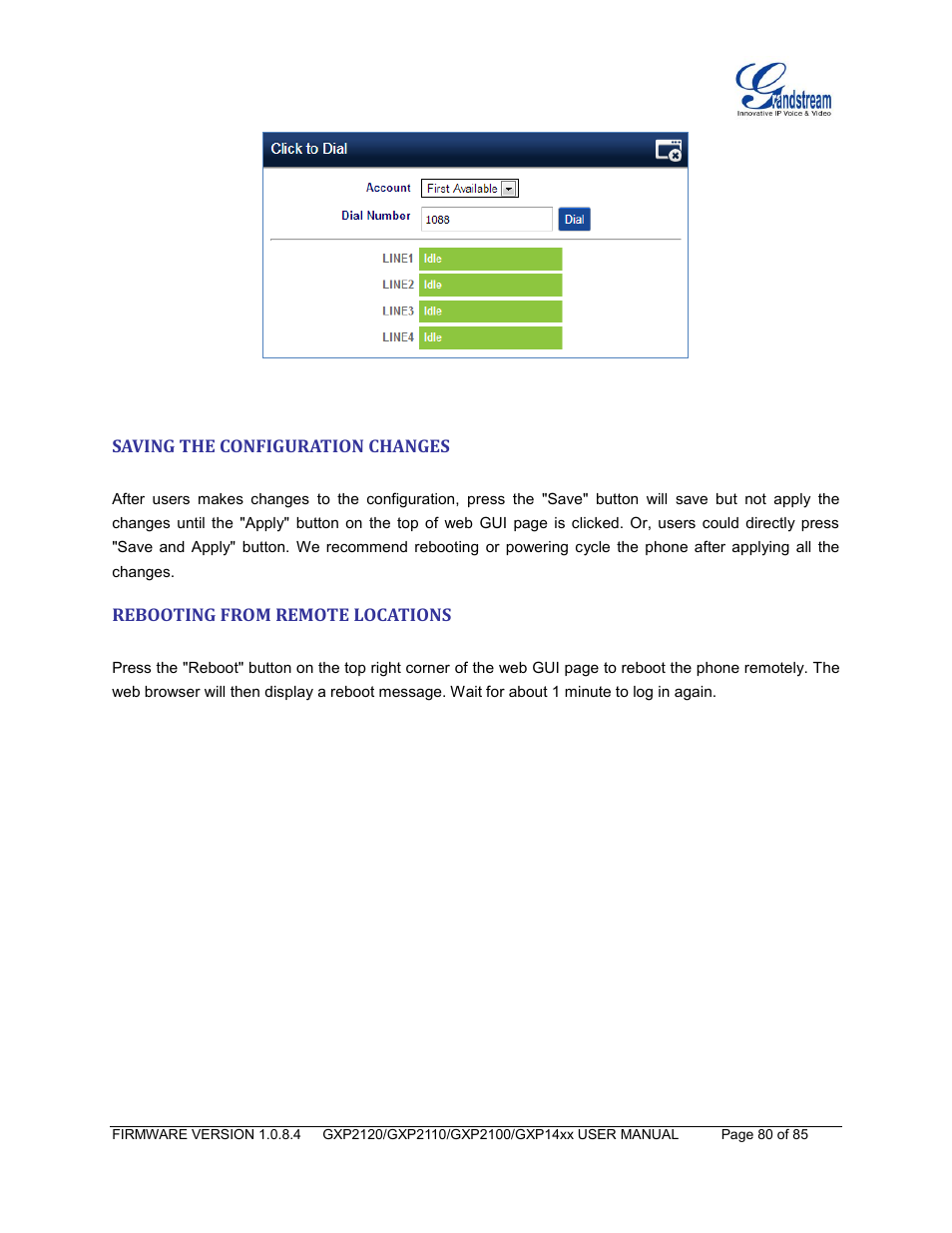 Saving the configuration changes, Rebooting from remote locations, Figure 9: click-to-dial | Grandstream GXP21xx Series User Manual User Manual | Page 82 / 87