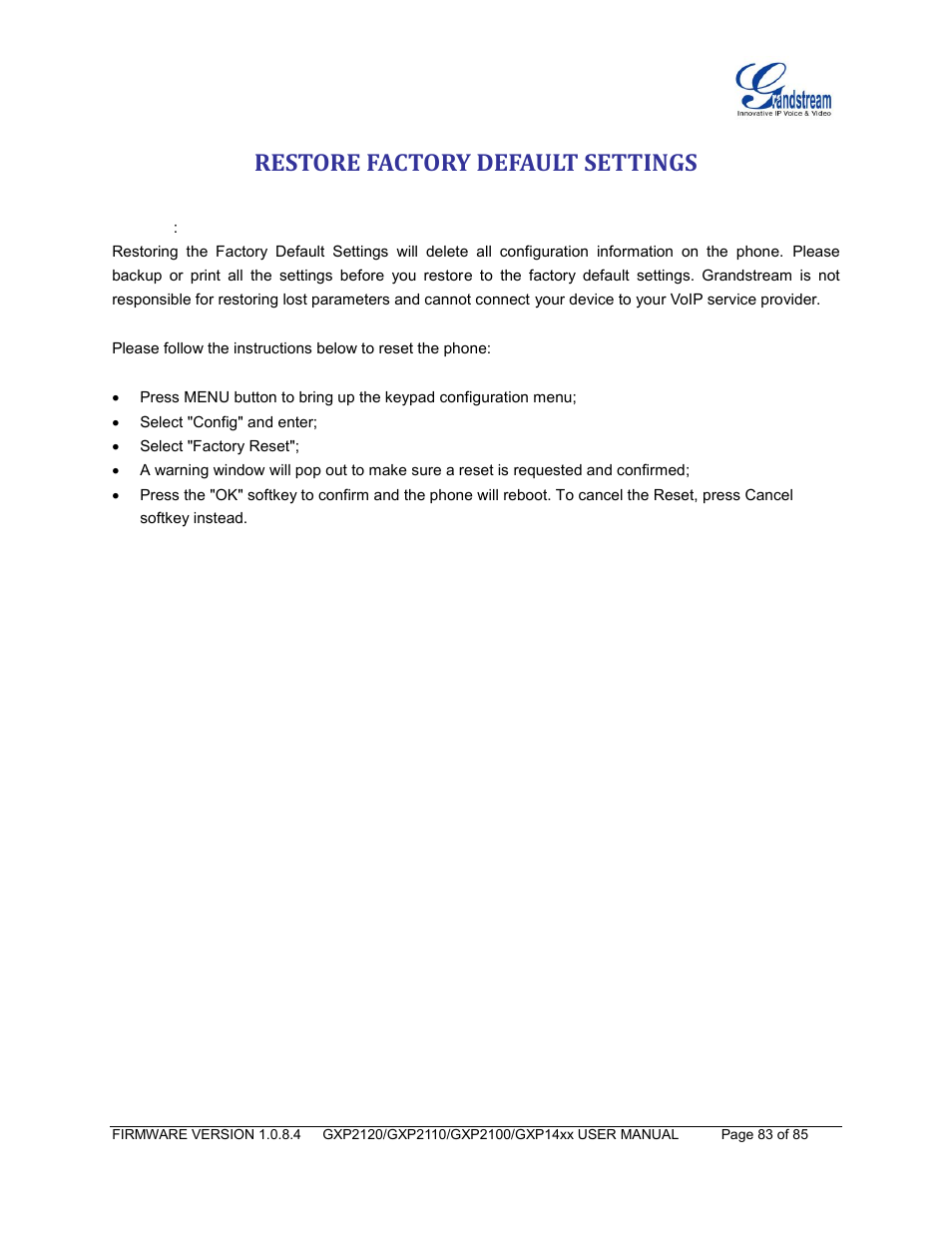 Restore factory default settings | Grandstream GXP21xx Series User Manual User Manual | Page 85 / 87