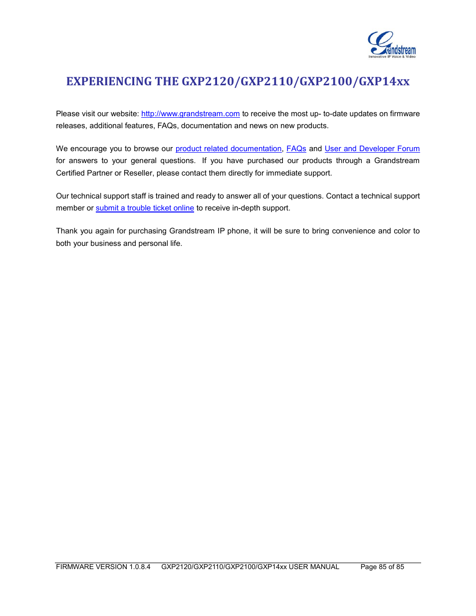 Experiencing the gxp2120/gxp2110/gxp2100/gxp14xx | Grandstream GXP21xx Series User Manual User Manual | Page 87 / 87