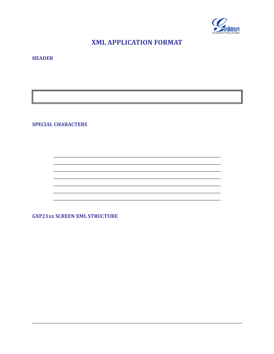 Xml application format, Header, Special characters | Gxp21xx screen xml structure | Grandstream GXP21xx XML Application Guide User Manual | Page 13 / 36