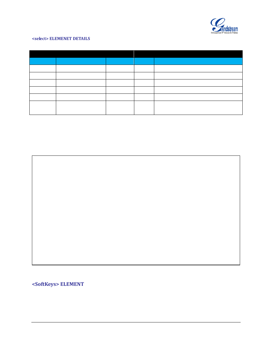 Select> elemenet details, Softkeys> element | Grandstream GXP21xx XML Application Guide User Manual | Page 28 / 36