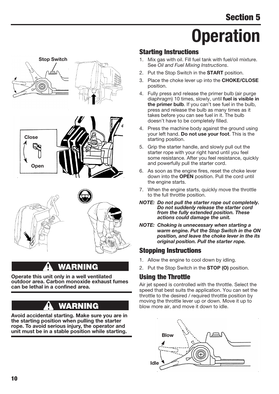 Operation, Starting instructions, Stopping instructions | Using the throttle | Cub Cadet BB40 User Manual | Page 10 / 16