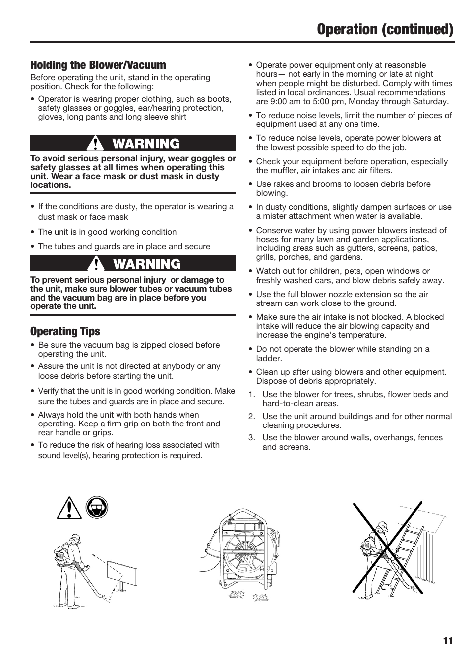 Operation (continued), Holding the blower/vacuum, Operating tips | Cub Cadet BB40 User Manual | Page 11 / 16