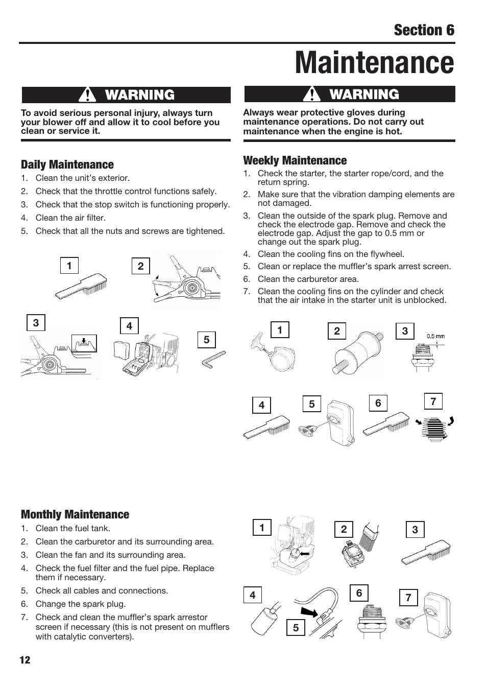 Maintenance, Daily maintenance, Monthly maintenance | Weekly maintenance | Cub Cadet BB40 User Manual | Page 12 / 16