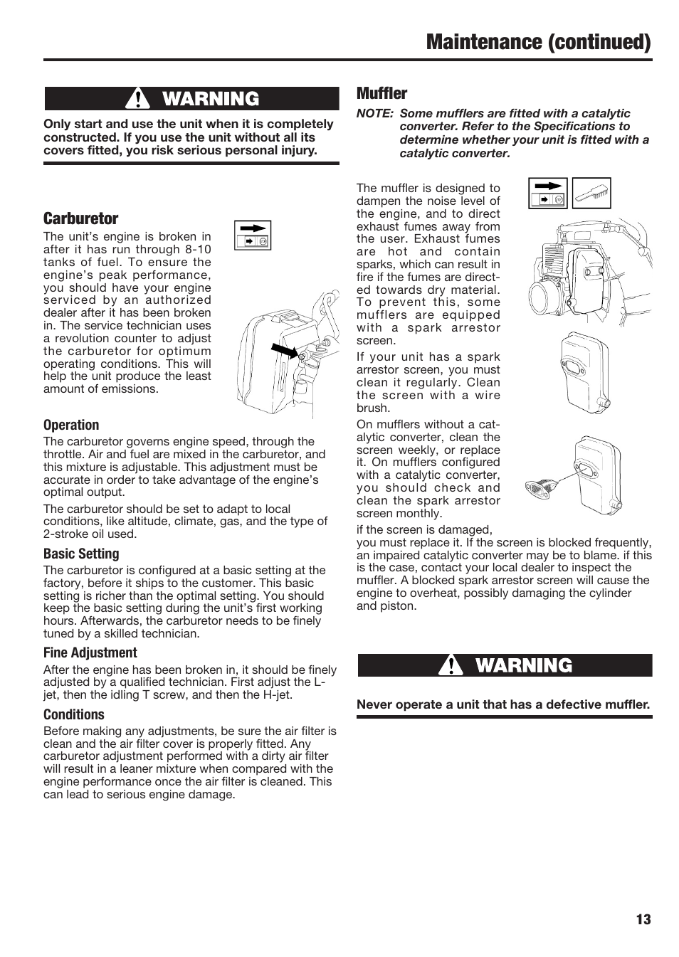 Maintenance (continued), Carburetor, Muffler | Cub Cadet BB40 User Manual | Page 13 / 16