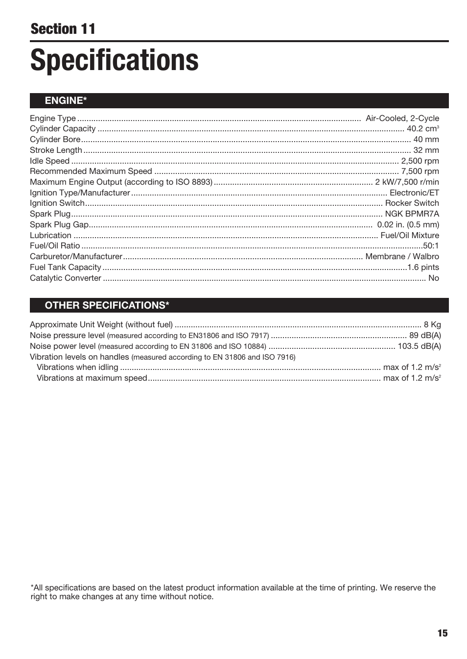 Specifications | Cub Cadet BB40 User Manual | Page 15 / 16