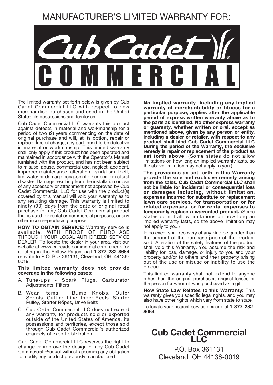 Manufacturer’s limited warranty for, Cub cadet commercial llc | Cub Cadet BB40 User Manual | Page 16 / 16
