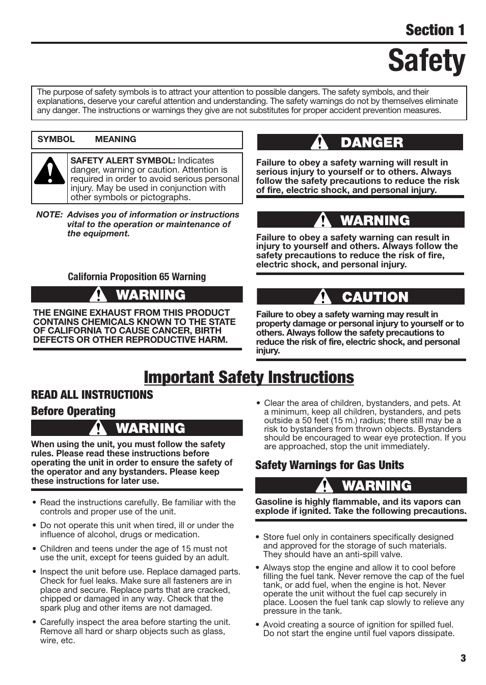 Safety, Important safety instructions, Safety warnings for gas units | Read all instructions before operating | Cub Cadet BB40 User Manual | Page 3 / 16