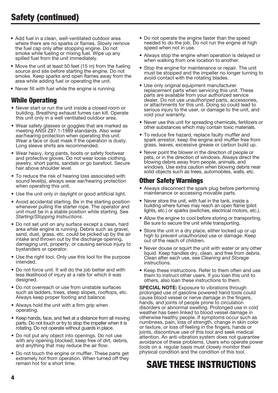 Save these instructions, Safety (continued), Other safety warnings | While operating | Cub Cadet BB40 User Manual | Page 4 / 16