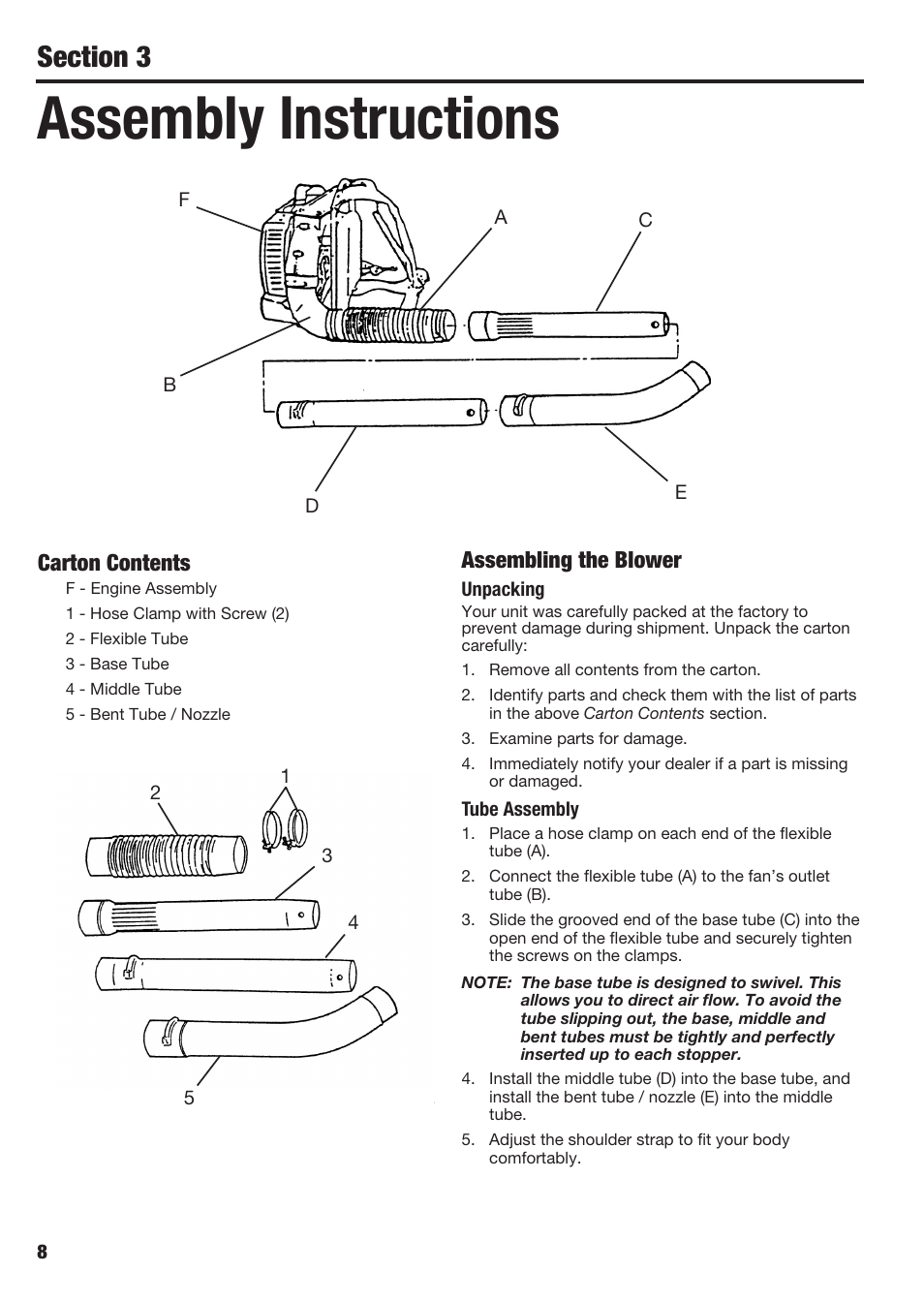 Assembly instructions, Assembling the blower, Carton contents | Cub Cadet BB40 User Manual | Page 8 / 16