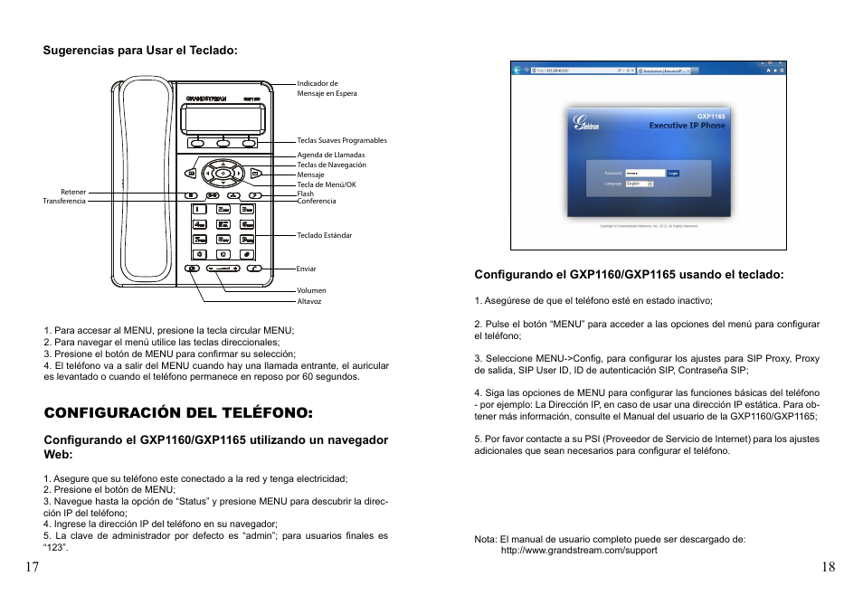 Configuración del teléfono | Grandstream GXP1160 Quick Installation Guide User Manual | Page 11 / 23
