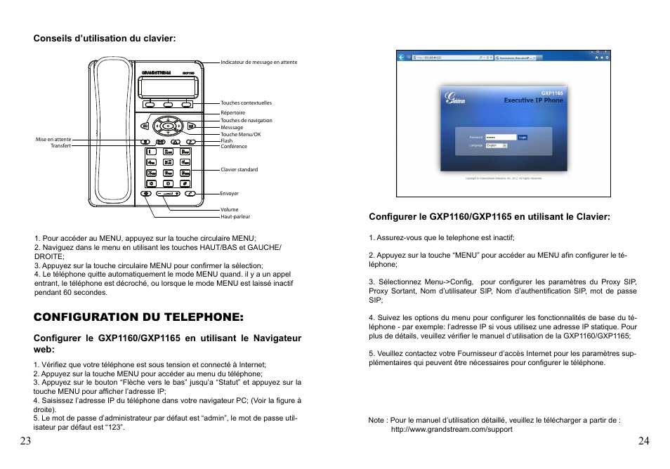 Configuration du telephone | Grandstream GXP1160 Quick Installation Guide User Manual | Page 14 / 23