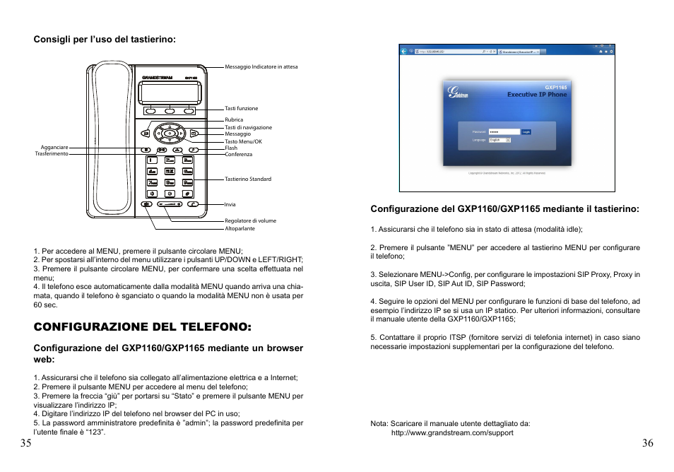 Configurazione del telefono | Grandstream GXP1160 Quick Installation Guide User Manual | Page 20 / 23