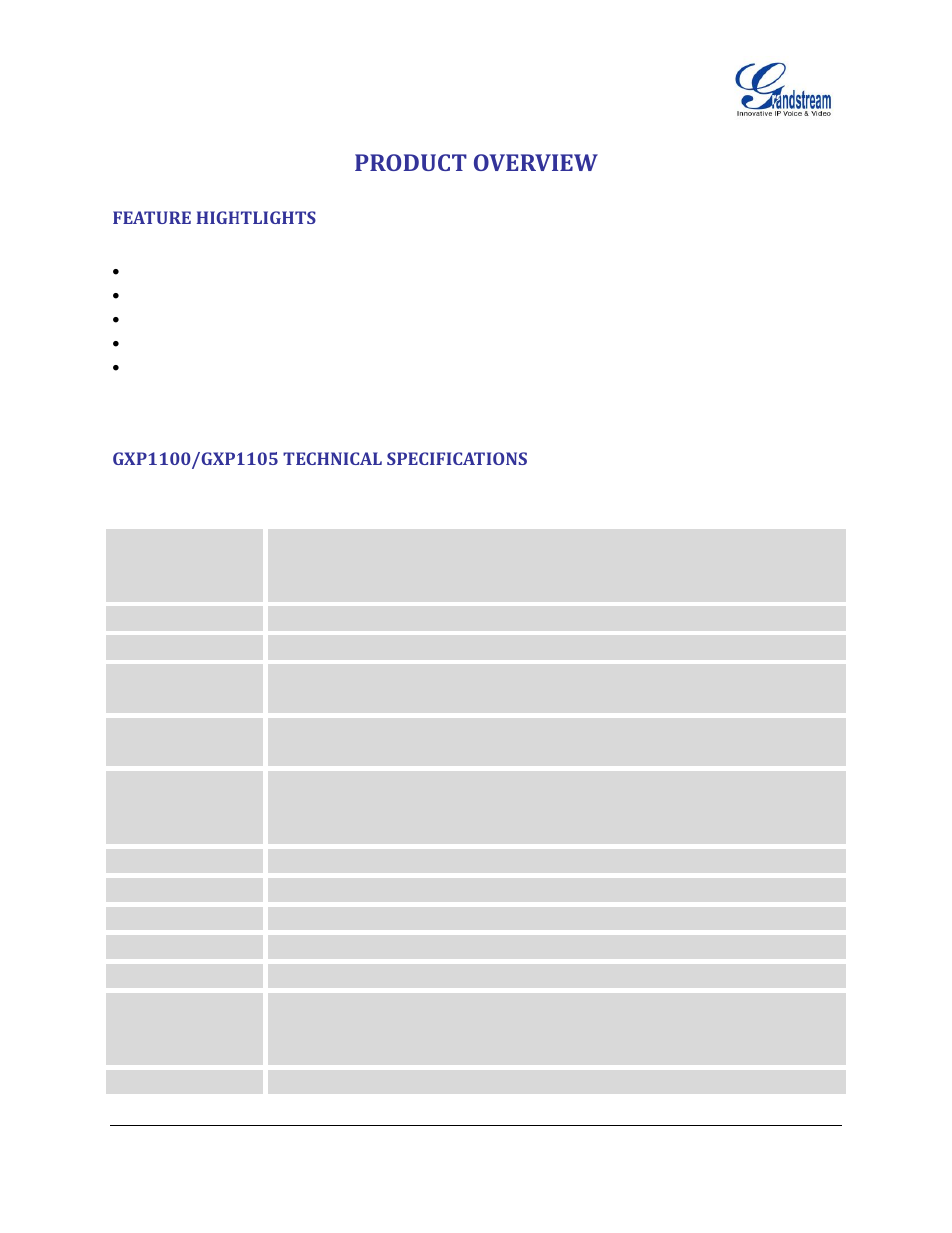 Product overview, Feature hightlights, Gxp1100/gxp1105 technical specifications | Table 1: gxp1100/gxp1105 technical specifications | Grandstream GXP1100 User Manual User Manual | Page 13 / 55