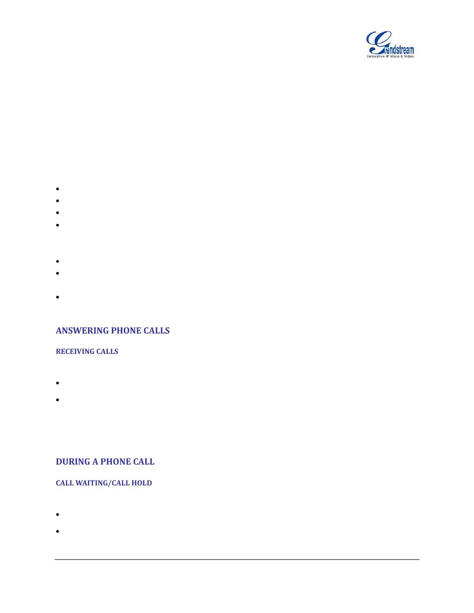 Answering phone calls, Receiving calls, During a phone call | Call waiting/call hold | Grandstream GXP1100 User Manual User Manual | Page 20 / 55