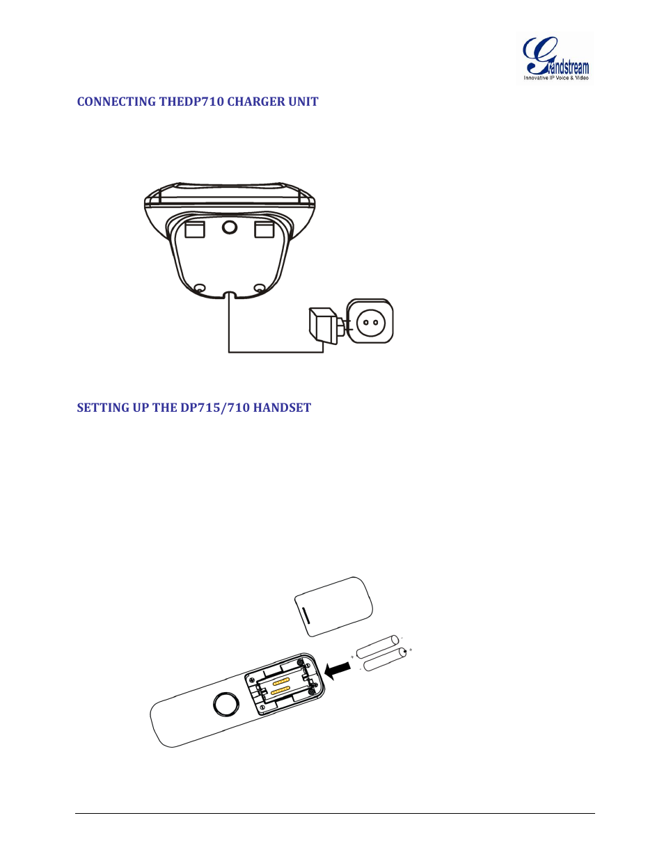 Connecting thedp710 charger unit, Setting up the dp715/710 handset, Connecting | Thedp710, Charger, Unit, Setting, Dp715/710, Handset, Figure 2: connecting the dp710 charger unit | Grandstream DP715 User Manual User Manual | Page 13 / 58