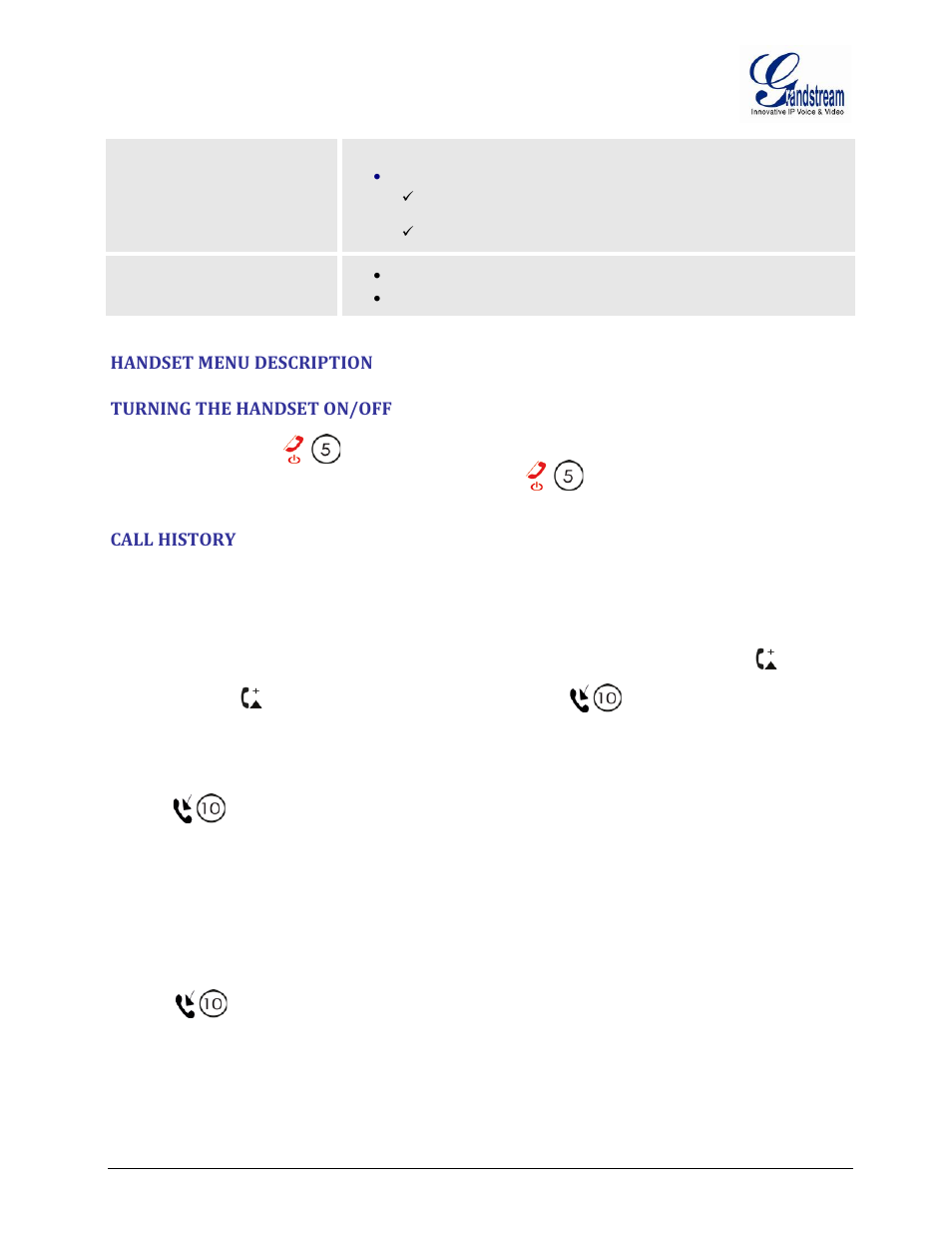 Handset menu description, Turning the handset on/off, Call history | Consult the call history, Handset, Menu, Description, Urning the handset, On/off, Istory | Grandstream DP715 User Manual User Manual | Page 22 / 58