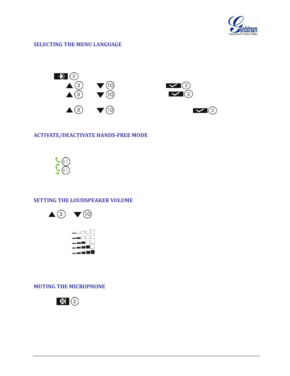 Selecting the menu language, Activate/deactivate hands-free mode, Setting the loudspeaker volume | Muting the microphone, Electing the, Anguage, Ctivate, Eactivate, Ands, Etting the | Grandstream DP715 User Manual User Manual | Page 25 / 58