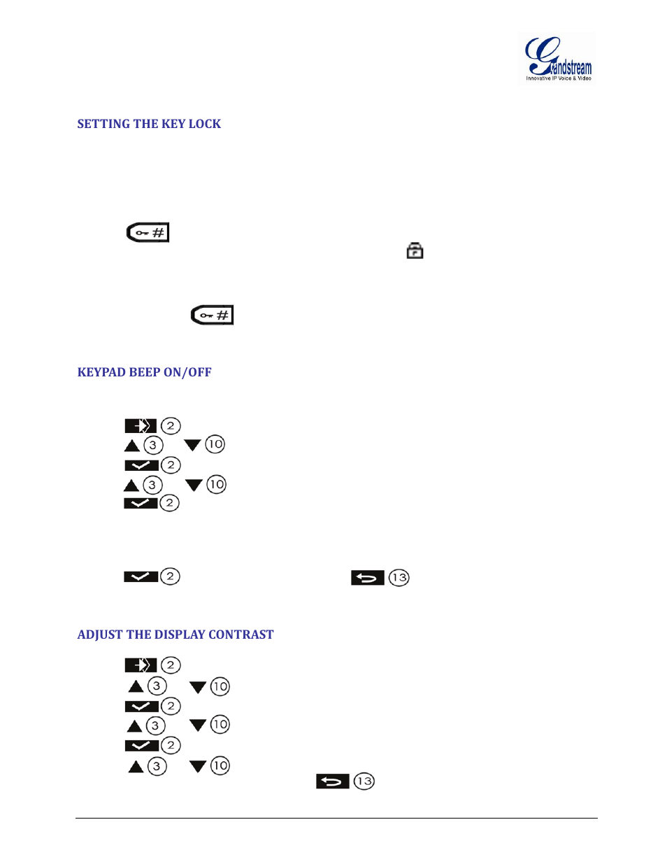 Setting the key lock, Keypad beep on/off, Adjust the display contrast | Etting the, Eypad, Djust the, Isplay, Ontrast | Grandstream DP715 User Manual User Manual | Page 27 / 58