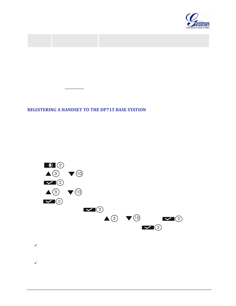 Registering a handset to the dp715 base station, Registering, Handset | Dp715, Base, Station | Grandstream DP715 User Manual User Manual | Page 32 / 58