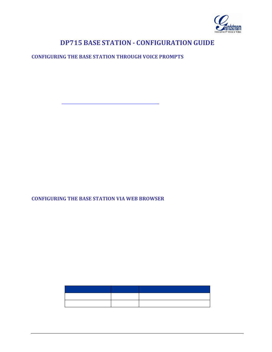 Dp715 base station - configuration guide, Configuring the base station through voice prompts, Configuring the base station via web browser | Configuring, Base, Station, Through, Voice, Prompts, Browser | Grandstream DP715 User Manual User Manual | Page 39 / 58