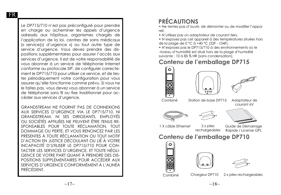 Précautions, Contenu de l’emballage dp715, Contenu de l’emballage dp710 | Jkl abc mno wxyz tuv ghi pqrs, Int r | Grandstream DP715 Quick Start Guide User Manual | Page 11 / 34