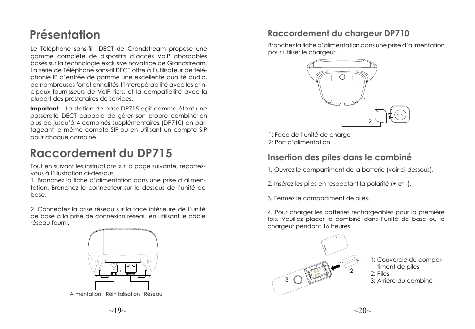 Présentation, Raccordement du dp715, Insertion des piles dans le combiné | Grandstream DP715 Quick Start Guide User Manual | Page 12 / 34