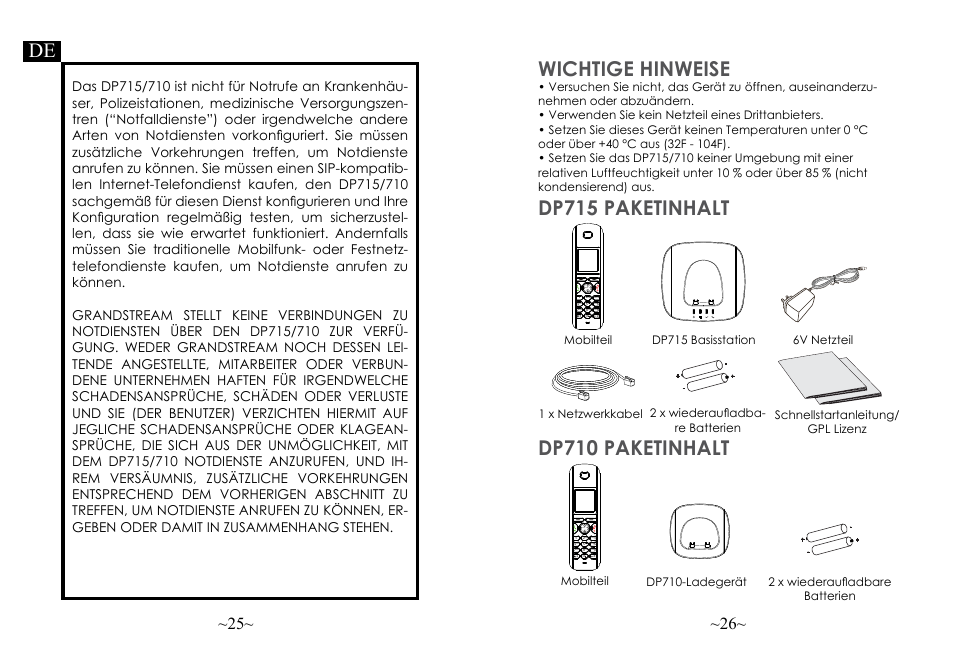 Wichtige hinweise, Dp715 paketinhalt, Dp710 paketinhalt | Jkl abc mno wxyz tuv ghi pqrs, Int r | Grandstream DP715 Quick Start Guide User Manual | Page 15 / 34