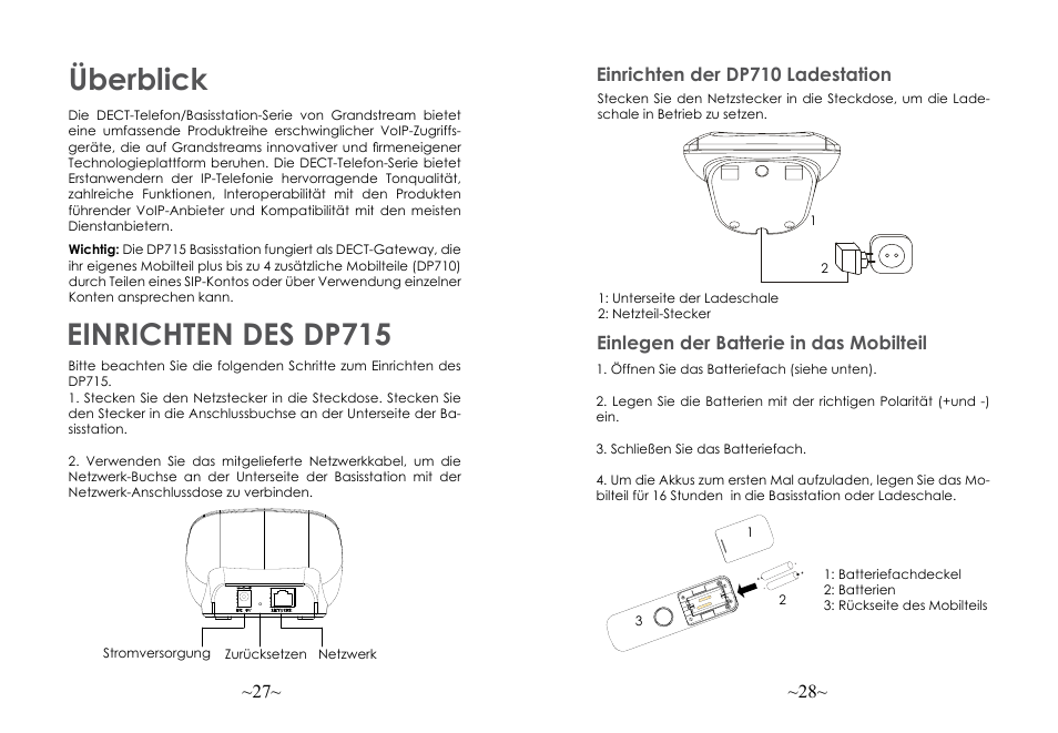 Überblick, Einrichten des dp715, Einlegen der batterie in das mobilteil | Grandstream DP715 Quick Start Guide User Manual | Page 16 / 34