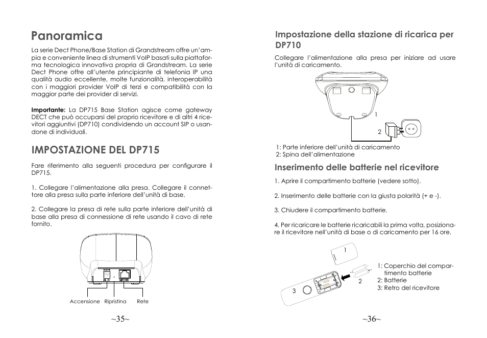 Panoramica, Impostazione del dp715, Inserimento delle batterie nel ricevitore | Grandstream DP715 Quick Start Guide User Manual | Page 20 / 34