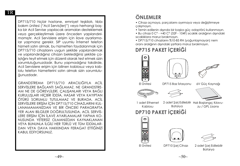 Önlemler, Dp710 paket içeriği, Dp715 paket içeriği tr | Jkl abc mno wxyz tuv ghi pqrs, Int r | Grandstream DP715 Quick Start Guide User Manual | Page 27 / 34