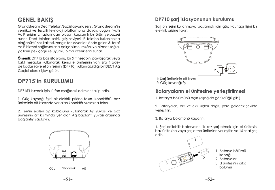 Genel bakiş, Dp715’in kurulumu, Bataryaların el ünitesine yerleştirilmesi | Grandstream DP715 Quick Start Guide User Manual | Page 28 / 34