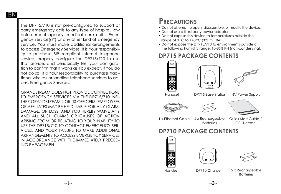 Dp715 package contents, Dp710 package contents, Recautions | Jkl abc mno wxyz tuv ghi pqrs, Int r | Grandstream DP715 Quick Start Guide User Manual | Page 3 / 34
