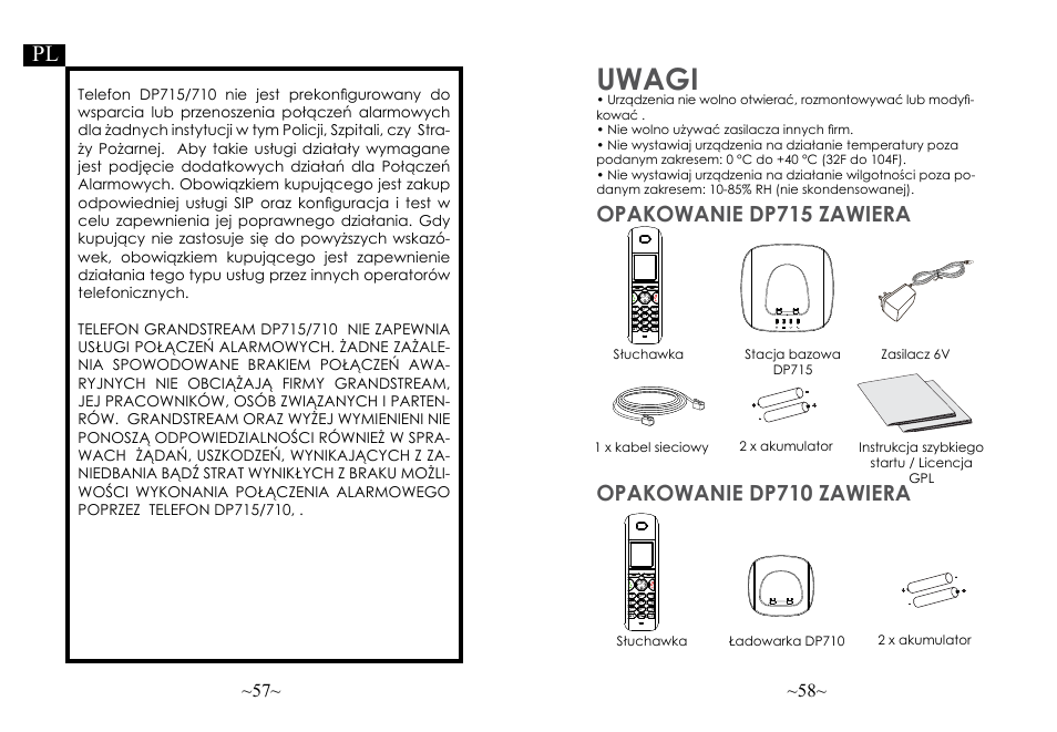 Uwagi, Opakowanie dp715 zawiera, Opakowanie dp710 zawiera | Jkl abc mno wxyz tuv ghi pqrs, Int r | Grandstream DP715 Quick Start Guide User Manual | Page 31 / 34