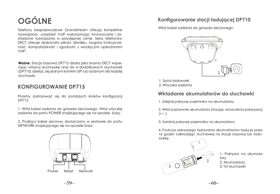 Ogólne, Konfigurowanie dp715, Wkładanie akumulatorów do słuchawki | Grandstream DP715 Quick Start Guide User Manual | Page 32 / 34