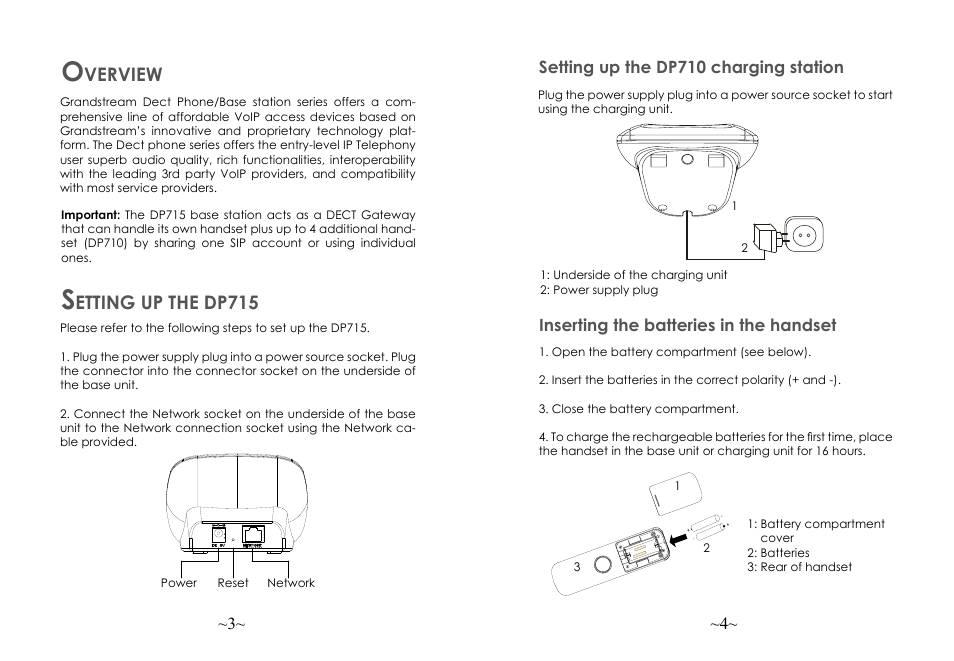 Verview, Etting up the dp715, Inserting the batteries in the handset | Grandstream DP715 Quick Start Guide User Manual | Page 4 / 34