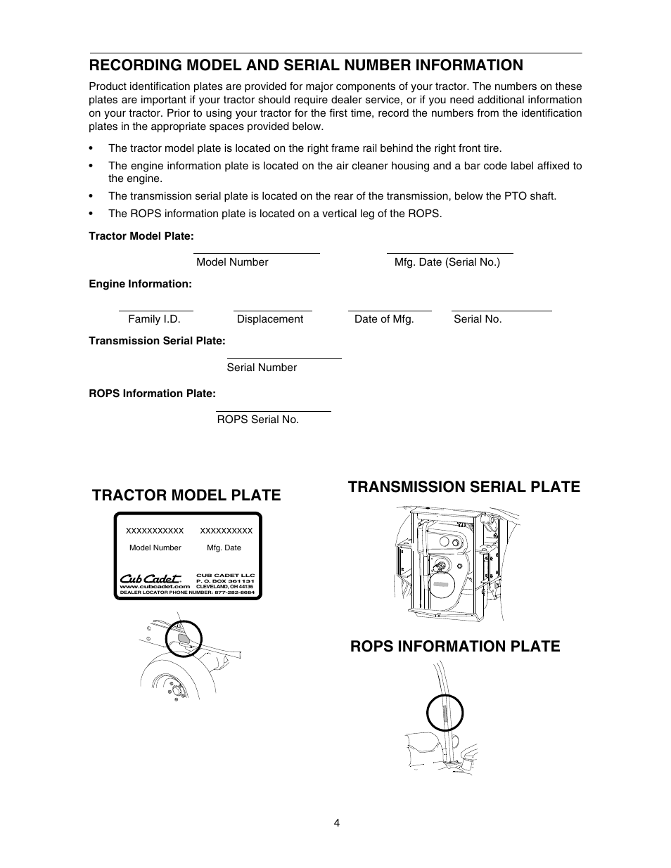 Recording model and serial number information | Cub Cadet 5254 User Manual | Page 4 / 52