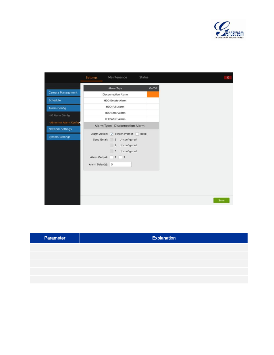 Abnormal alarm config, Abnormal, Alarm | Config, Igure, Gvr3550, Bnormal, Larm, Onfig, Able | Grandstream GVR3550 User Manual User Manual | Page 65 / 120