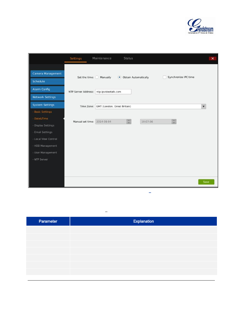 Date&time, Igure, Gvr3550 | Ystem, Ettings, Able, Asic, Etting, Arameter, Xplanation | Grandstream GVR3550 User Manual User Manual | Page 72 / 120