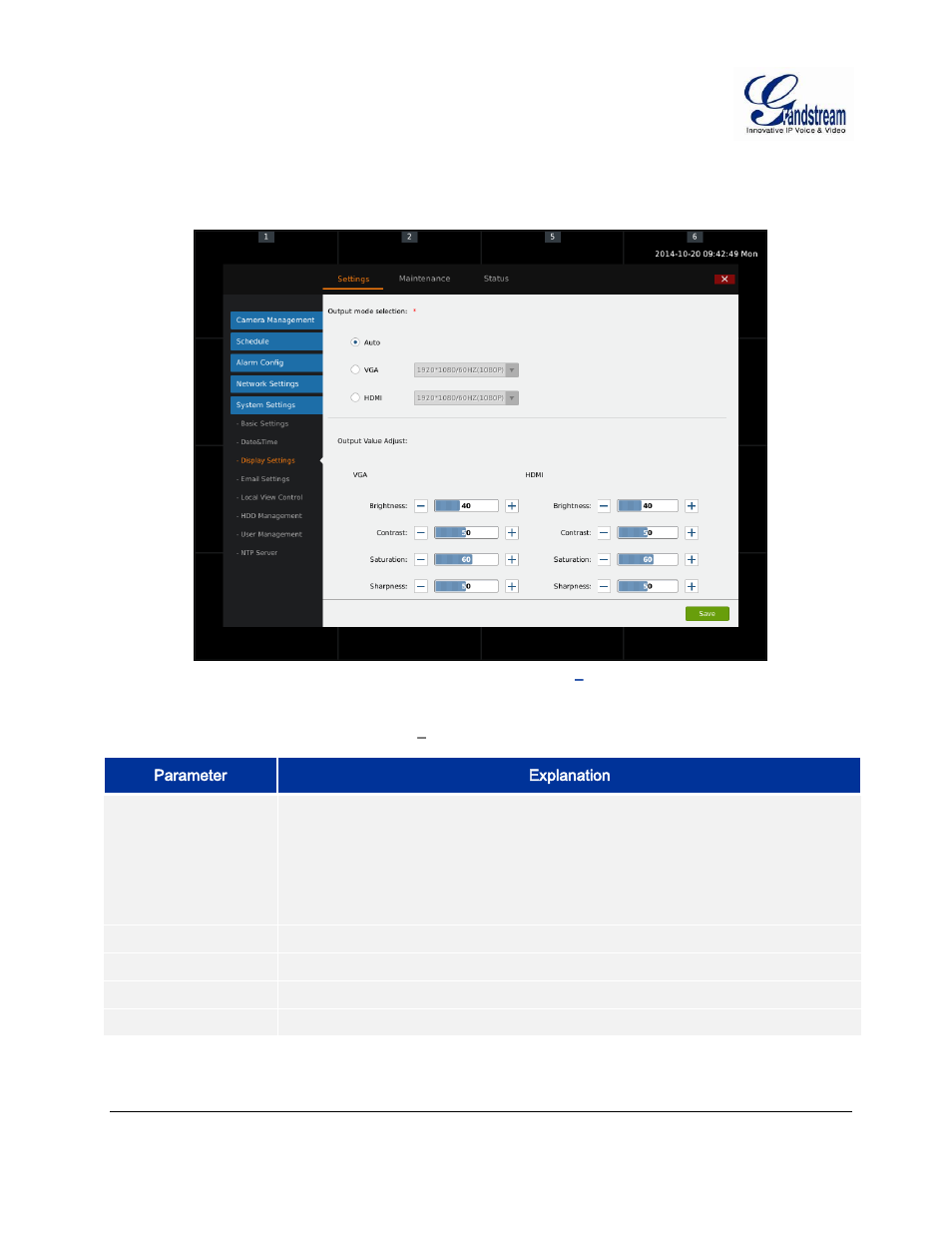 Display settings, Display, Settings | Igure, Gvr3550, Ystem, Ettings, Isplay, Able, Asic | Grandstream GVR3550 User Manual User Manual | Page 73 / 120