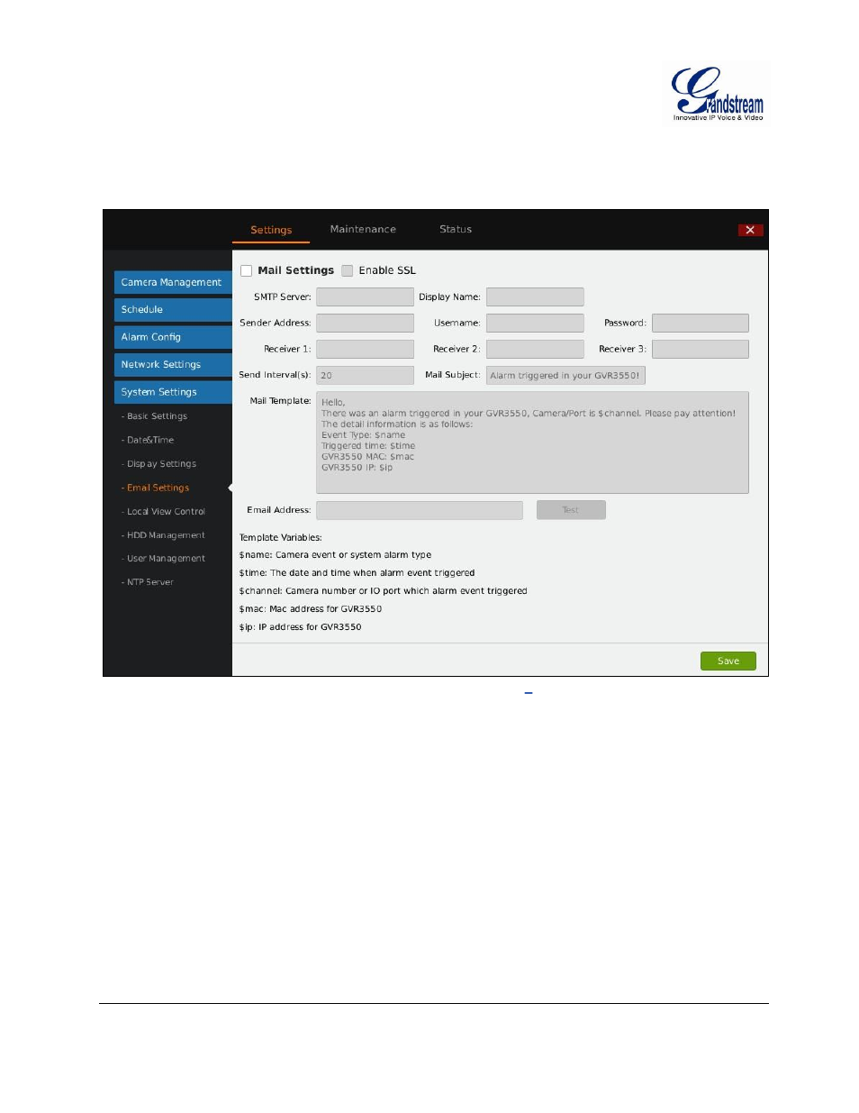 Email settings, Email, Settings | Igure, Gvr3550, Ystem, Ettings, Mail | Grandstream GVR3550 User Manual User Manual | Page 74 / 120