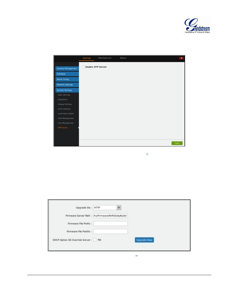 Ntp server, Maintenance, Upgrade | Figure 67: gvr3550 update – via http, Server, Igure, Gvr3550, Ystem, Etting, Erver | Grandstream GVR3550 User Manual User Manual | Page 83 / 120