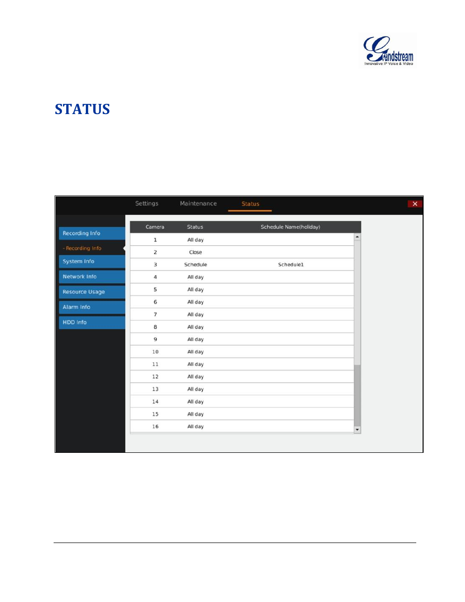 Status, Recording info, Recording | Info, Igure, Gvr3550, Ecording | Grandstream GVR3550 User Manual User Manual | Page 95 / 120