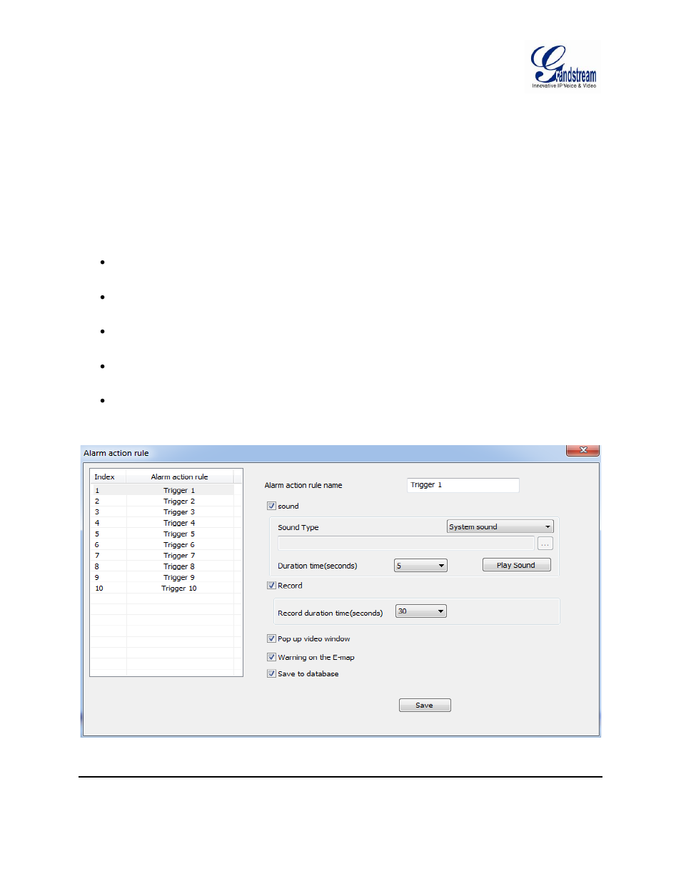 Configure alarm triggers and rules, Figure 13: gsurf_pro alarm action rule | Grandstream GSurf Pro User Manual User Manual | Page 20 / 45