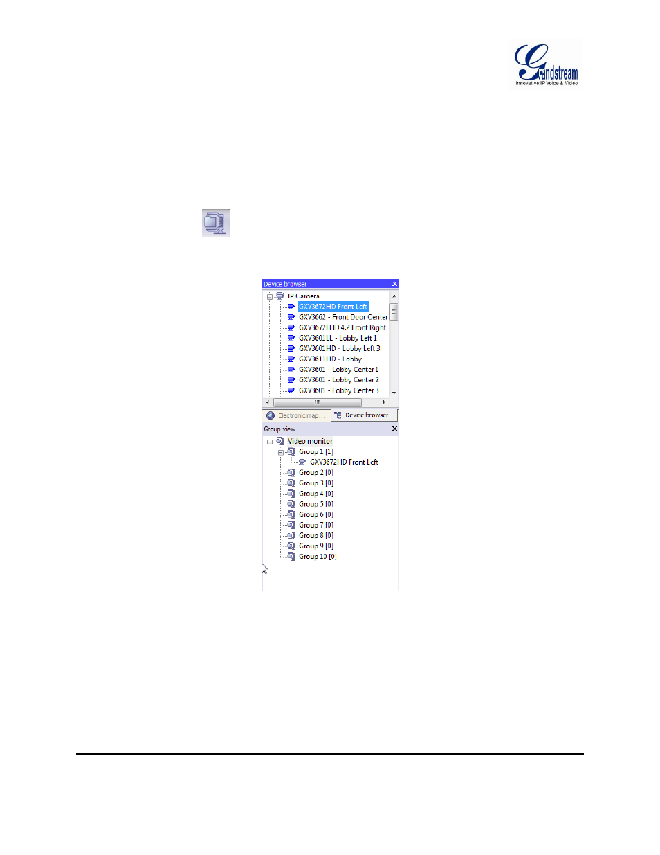 Video monitor, Individual view, Group view/patrol mode | Figure 23: add device to group | Grandstream GSurf Pro User Manual User Manual | Page 30 / 45