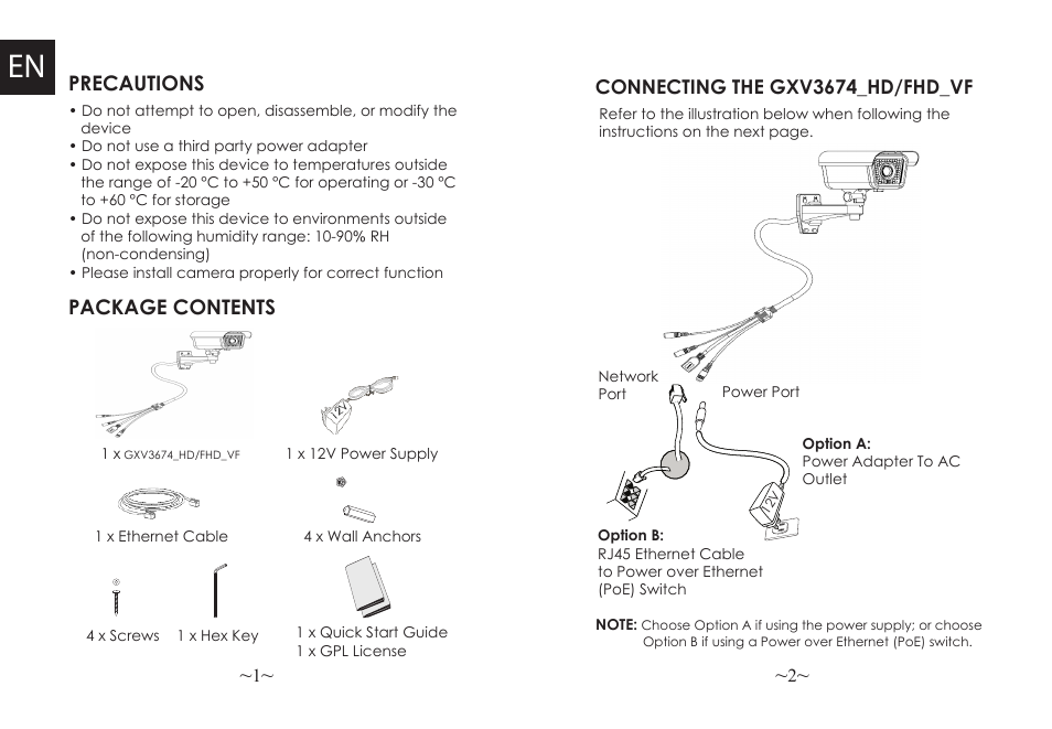 Precautions package contents | Grandstream GXV3674 v2 Quick Installation Guide User Manual | Page 3 / 38