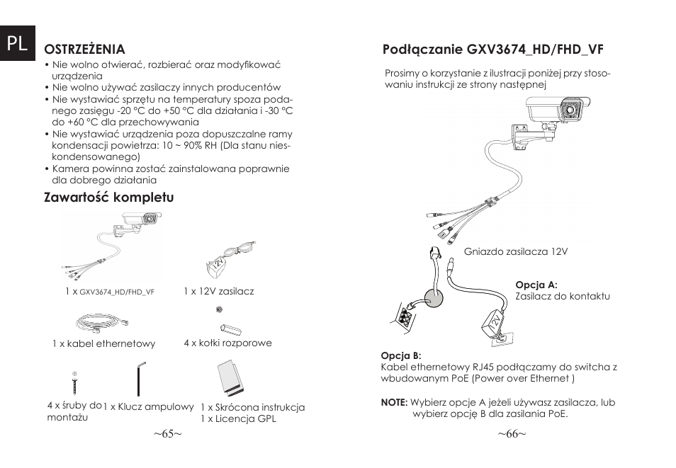 Ostrzeżenia zawartość kompletu, Podłączanie gxv3674_hd/fhd_vf | Grandstream GXV3674 v2 Quick Installation Guide User Manual | Page 35 / 38